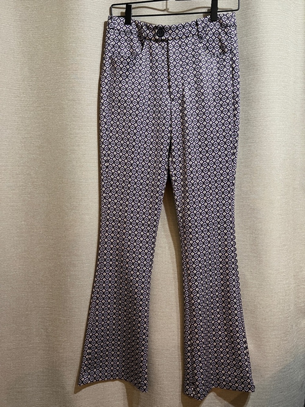 Esqualo Geometric Print Flare Pants Purple Black Retro Mod Small Hippie Boho